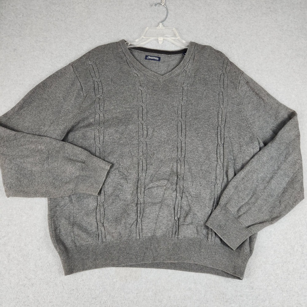 Consensus Sweater Mens XL Gray Cable Knit Long Sleeve Casual V-Neck Pullover
